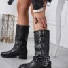Stivaletti Neri Biker Con Fibbie Argento