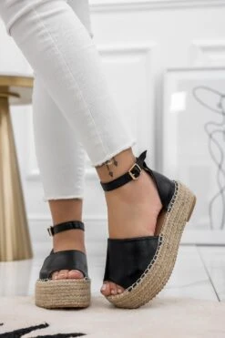 Sandali Neri Espadrilles Con Zeppa E Cinturino -Negozio al dettaglio Alexoo 0Z1A4326