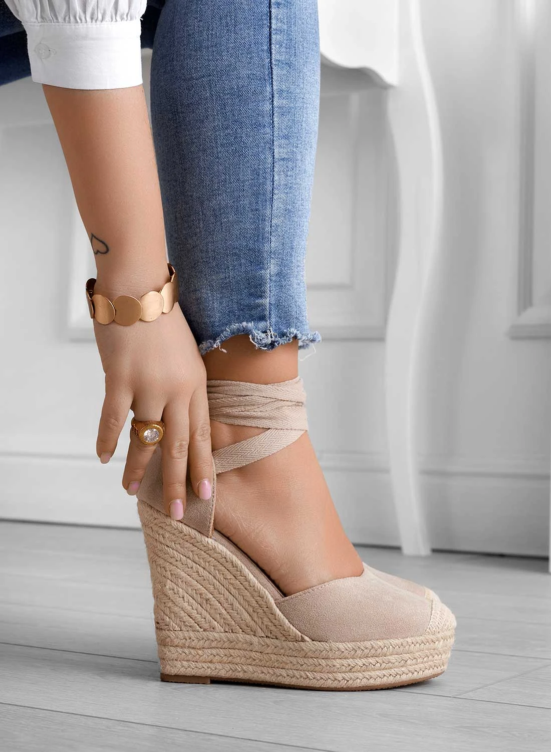 AMBRA - Espadrilles Alexoo Beige Con Zeppa In Corda E Laccio 4 AMBRA - Espadrilles Alexoo Beige Con Zeppa In Corda E Laccio - immagine 4
