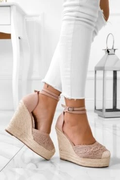 Espadrilles Nude Con Zeppa In Corda E Ricamo