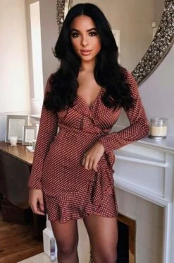 Abito A Pois Con Scollo A V Mattone