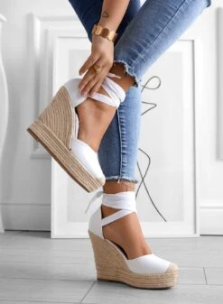 AMBRA - Espadrilles Alexoo Bianche Con Zeppa In Corda E Laccio