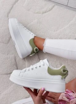 MILE - Sneakers Bianche Con Suola Spessa E Fiocco In Strass E Retro Verde -Negozio al dettaglio Alexoo 24