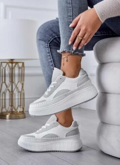 ANNACHIARA - Sneakers Bianche Con Inserti In Tessuto Grigio E Zeppa -Negozio al dettaglio Alexoo 2 8242ad7c c26a 4a3f bc1e 94a674742bba