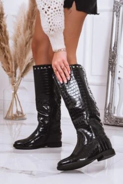 Stivali Con Stampa Coccodrillo Neri Con Zeppa E Borchie -Negozio al dettaglio Alexoo 3 2 167