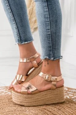 Sandali Espadrillas Oro Rosa Con Zeppa In Corda