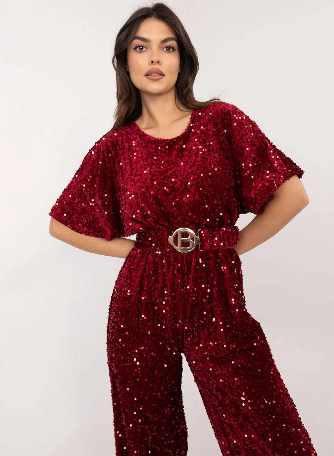 Tuta Bordeaux In Paillettes Con Cintura In Vita 3 Tuta Bordeaux In Paillettes Con Cintura In Vita - immagine 3