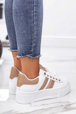 Sneakers Bianche Con Lacci E Inserti Glitter Oro Rosa -Negozio al dettaglio Alexoo 4 16 71