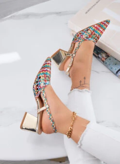 NICOLE - Décolleté Multicolora Punta Intrecciata Con Cinturino E Tacco Largo Oro -Negozio al dettaglio Alexoo 4 ad307b0c 24b3 4ae7 b8aa 981b650c7ddf