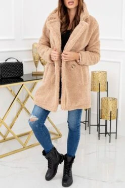Cappotto Teddy Fango Con Tasche E Bottoni