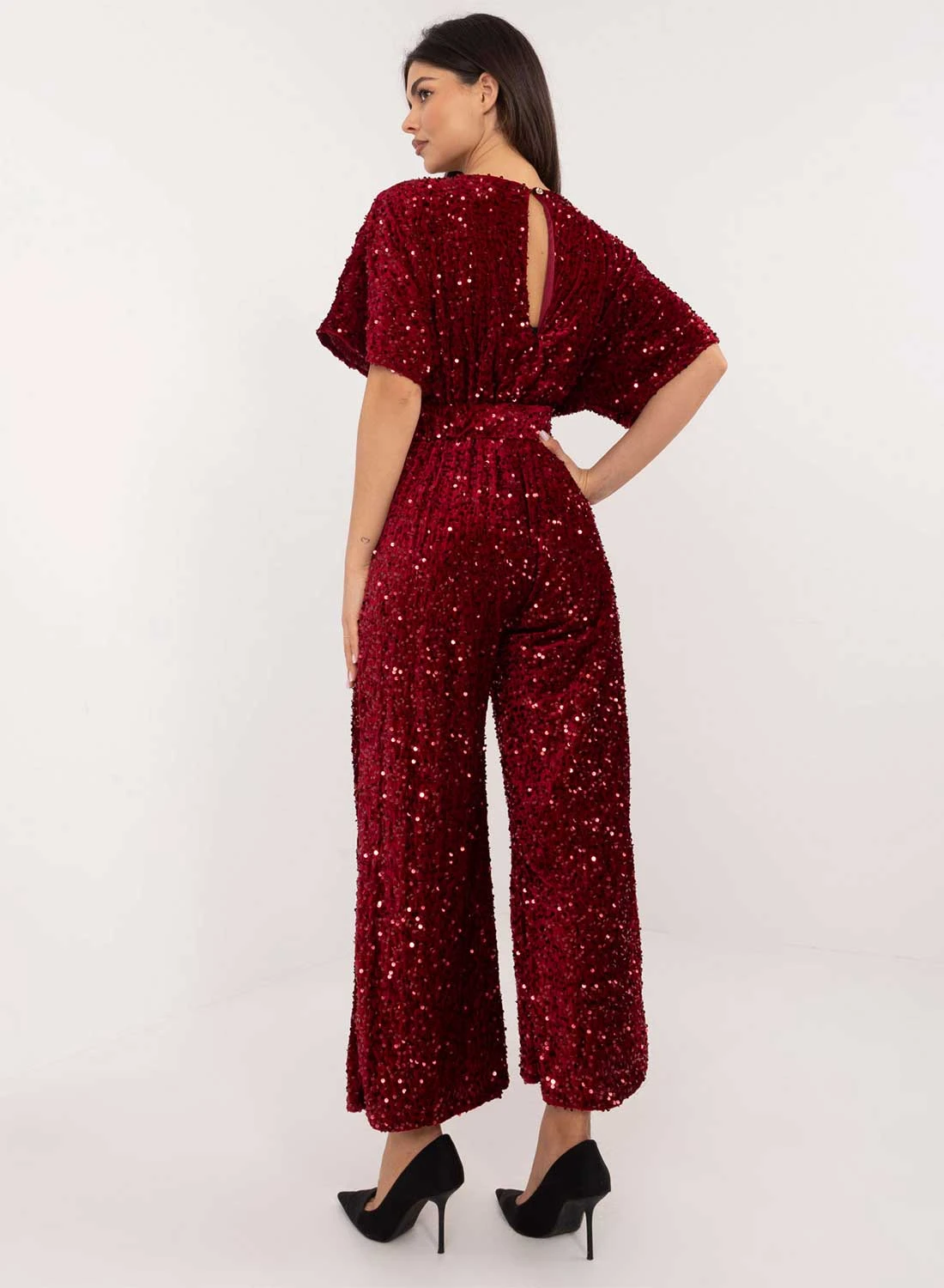 Tuta Bordeaux In Paillettes Con Cintura In Vita 4 Tuta Bordeaux In Paillettes Con Cintura In Vita - immagine 4