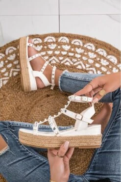 Sandali Espadrilles Con Borchie Argento Bianchi -Negozio al dettaglio Alexoo 5 5