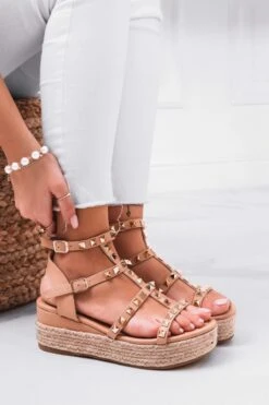 Sandali Espadrilles Con Borchie Oro Beige