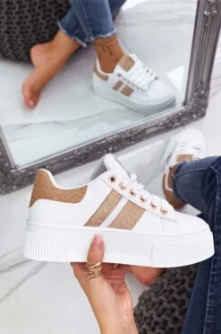 Sneakers Bianche Con Lacci E Inserti Glitter Oro Rosa -Negozio al dettaglio Alexoo 6 13 239