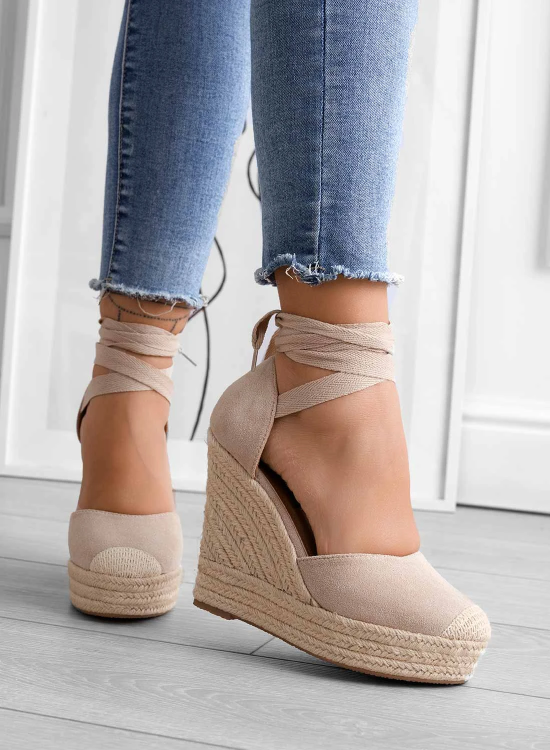 AMBRA - Espadrilles Alexoo Beige Con Zeppa In Corda E Laccio 3 AMBRA - Espadrilles Alexoo Beige Con Zeppa In Corda E Laccio - immagine 3