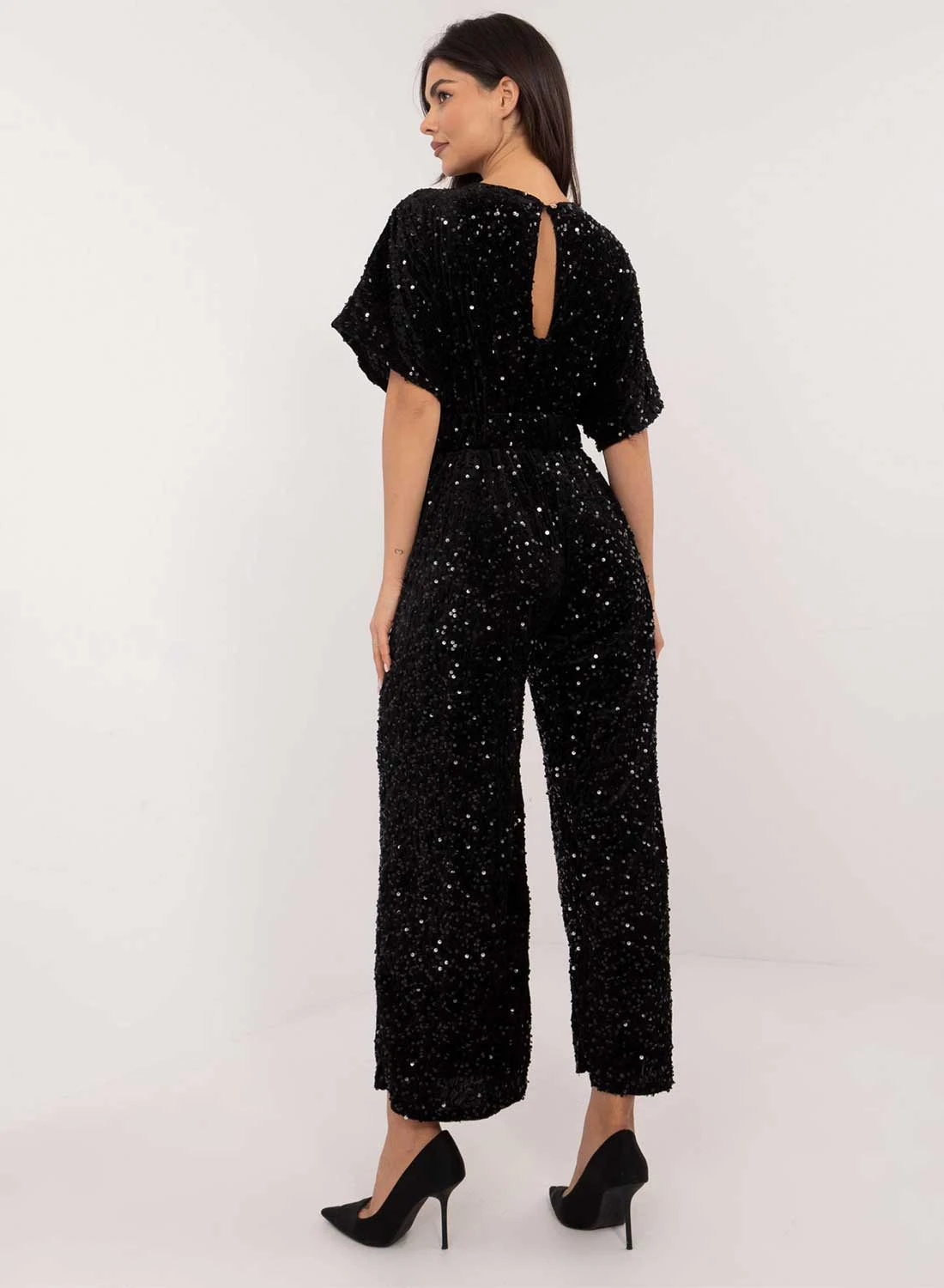 Tuta Nera In Paillettes Con Cintura In Vita 4 Tuta Nera In Paillettes Con Cintura In Vita - immagine 4