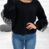 Maglione Con Maniche A Palloncino E Frange Nero
