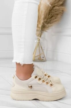 Sneakers Beige Con Bottone E Ganci Oro -Negozio al dettaglio Alexoo 9 2 204