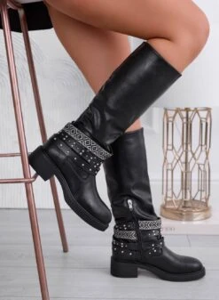 ALINA - Stivali Neri Con Borchie E Fascia A Fantasia