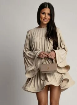 Abito Beige Plissettato Con Laccio In Vita