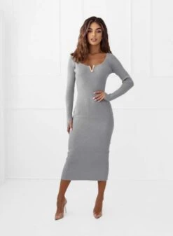 Abito Longuette In Maglia Grigio Con Scollo A V Oro