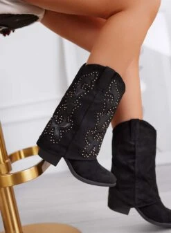 ARTHUR - Stivali Western Neri Con Risvolto E Rivetti Oro -Negozio al dettaglio Alexoo Arthur camperos neri con risvolto e rivetti oro