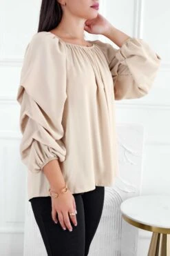 Blusa Beige Con Maniche Arricciate