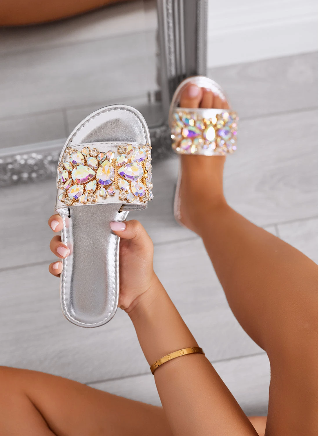 CLELIA - Sandali Ciabatte Gioiello Argento Con Pietre E Suola Bassa 1 CLELIA - Sandali Ciabatte Gioiello Argento Con Pietre E Suola Bassa