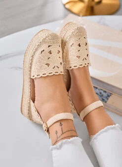CRISTY - Espadrillas Beige Ricamate Con Cinturino Alla Caviglia E Suola Platform In Corda