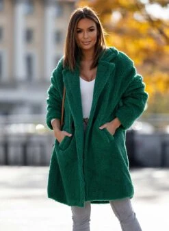 Cappotto Teddy Verde Con Tasche E Bottone