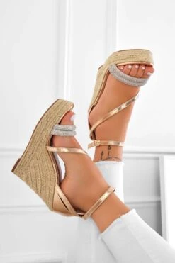 DEEP - Sandali Espadrillas Con Zeppa Oro Rosa E Fasce Gioiello
