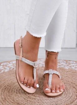 DONATA - Sandali Infradito Bassi Beige A Fasce Gioiello