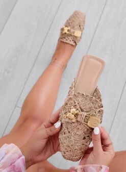 FIESTA - Espadrillas Fango Sabot Ricamate Con Teddy Oro