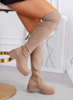 FLUX Stivali Donna Fango Scamosciati Alla Coscia Con Suola Chunky -Negozio al dettaglio Alexoo FLUX stivali donna beige scamosciati alla coscia con suola chunky