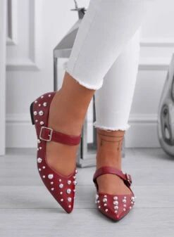 FRANCA - Ballerine Bordeaux A Punta Con Borchie A Sfera Argento