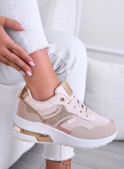 Sneakers Beige Con Zeppa E Inserti Oro