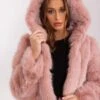 Giacca Corta In Ecopelliccia Con Cappuccio A Pelo Lungo Rosa