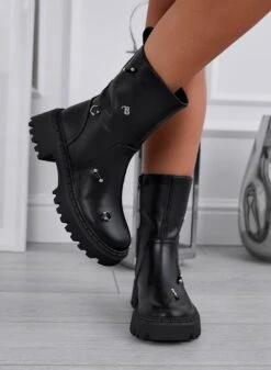 KINSLEY -Stivaletti Neri Biker Con Applicazioni Argento