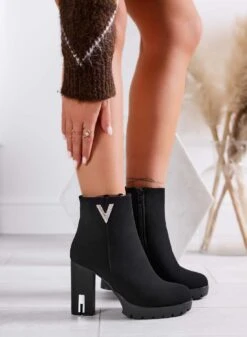 LEANDRA - Tronchetti Neri Con Applicazione V Argento Gioiello