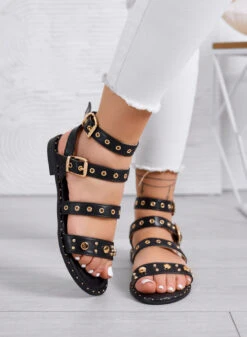 LILY - Sandali Neri Bassi Effetto Pitonato Con Borchie E Fibbie