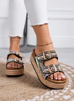 LOGAN - Sandali Neri Ciabatte Platform Con Perline Colorate E Strass