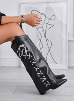 MARY - Stivali Neri Con Lacci Gioiello Laterali