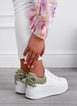 MILE - Sneakers Bianche Con Suola Spessa E Fiocco In Strass E Retro Verde