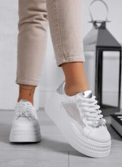 MIRELA - Sneakers Bianche Con Inserti Argento Suola Ad Onda E Rete