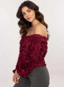 Maglia Bordeaux Con Applicazioni Fiori E Scollo A Barca