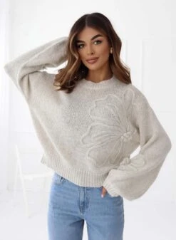 Maglione Grigio Con Fiore Ricamato