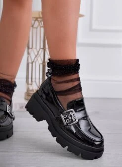 OTTAVIA - Mocassini Neri In Vernice Con Fibbia Argento