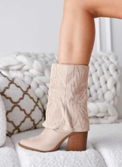 PICA - Stivale Camper Beige Con Risvolto E Strass