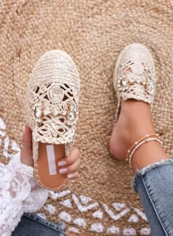 ROSALIA - Espadrillas Beige Sabot Ricamate Con Applicazione Gioiello
