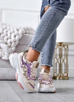 Sneakers Beige Con Suola Alta E Strass